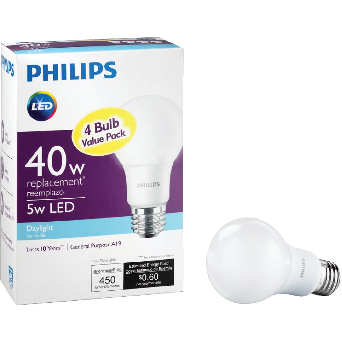 Philips Watt Equivalent Daylight LED Light Bulb, 4-Pack Hartville