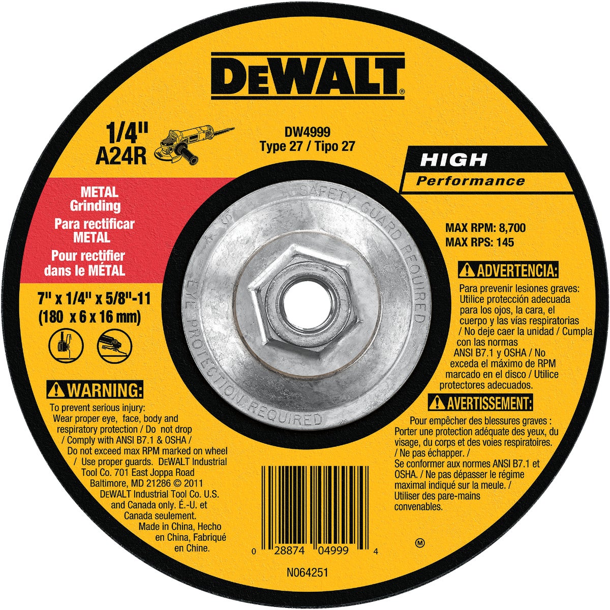 7X1/4X5/8-11 GRIND WHEEL - DW4999 by DeWalt