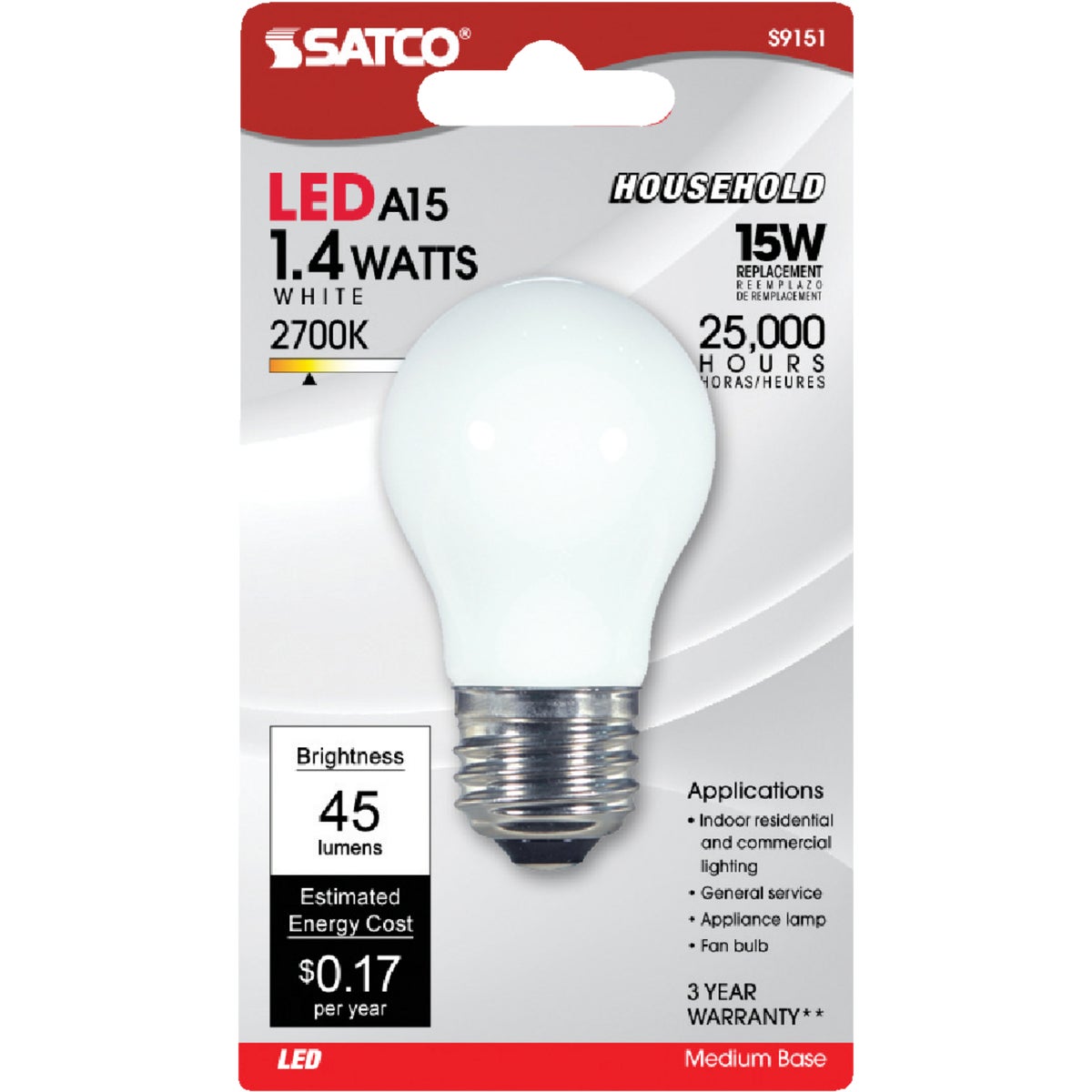 GE Lighting 2W WH A15 FAN LED BULB 76457 LED2A15W/TP