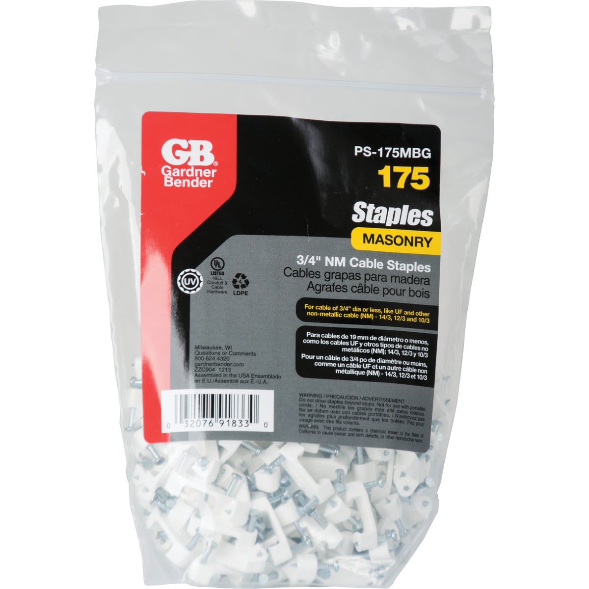 3/4" PLASTIC STAPLE - PS-175J by G B Electrical Inc