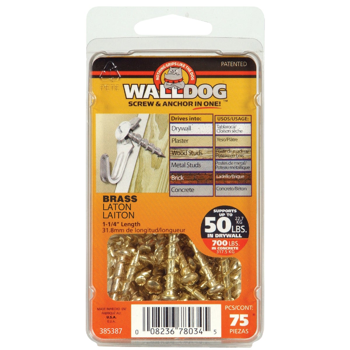 1-1/4 BRASS PHP WALLDOG - 385387 by Hillman Fastener