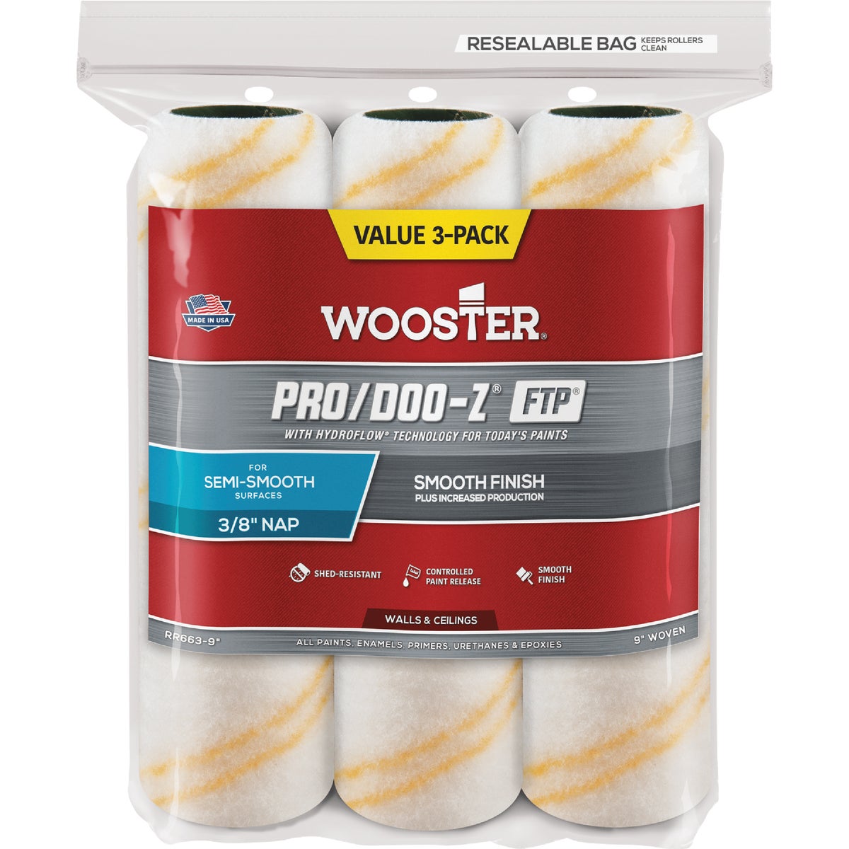 3PK 9X3/8" ROLLER COVER - RR723-9 by Wooster Brush Co