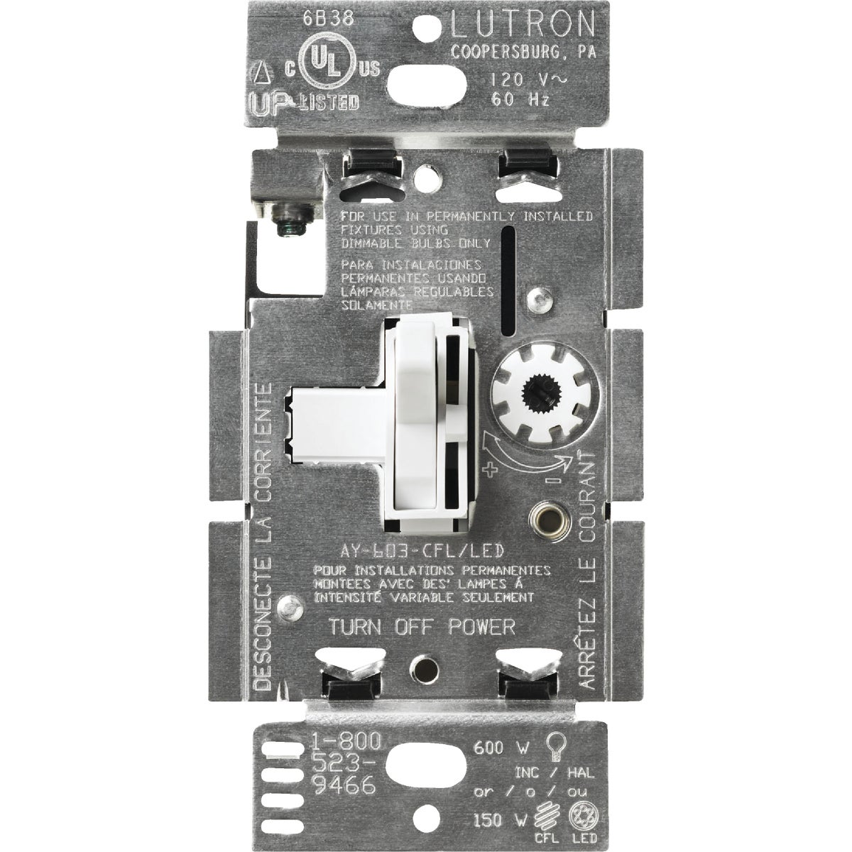 WHITE TOGGLE DIMMER - TGCL-153PH-WH by Lutron Elect Co Inc