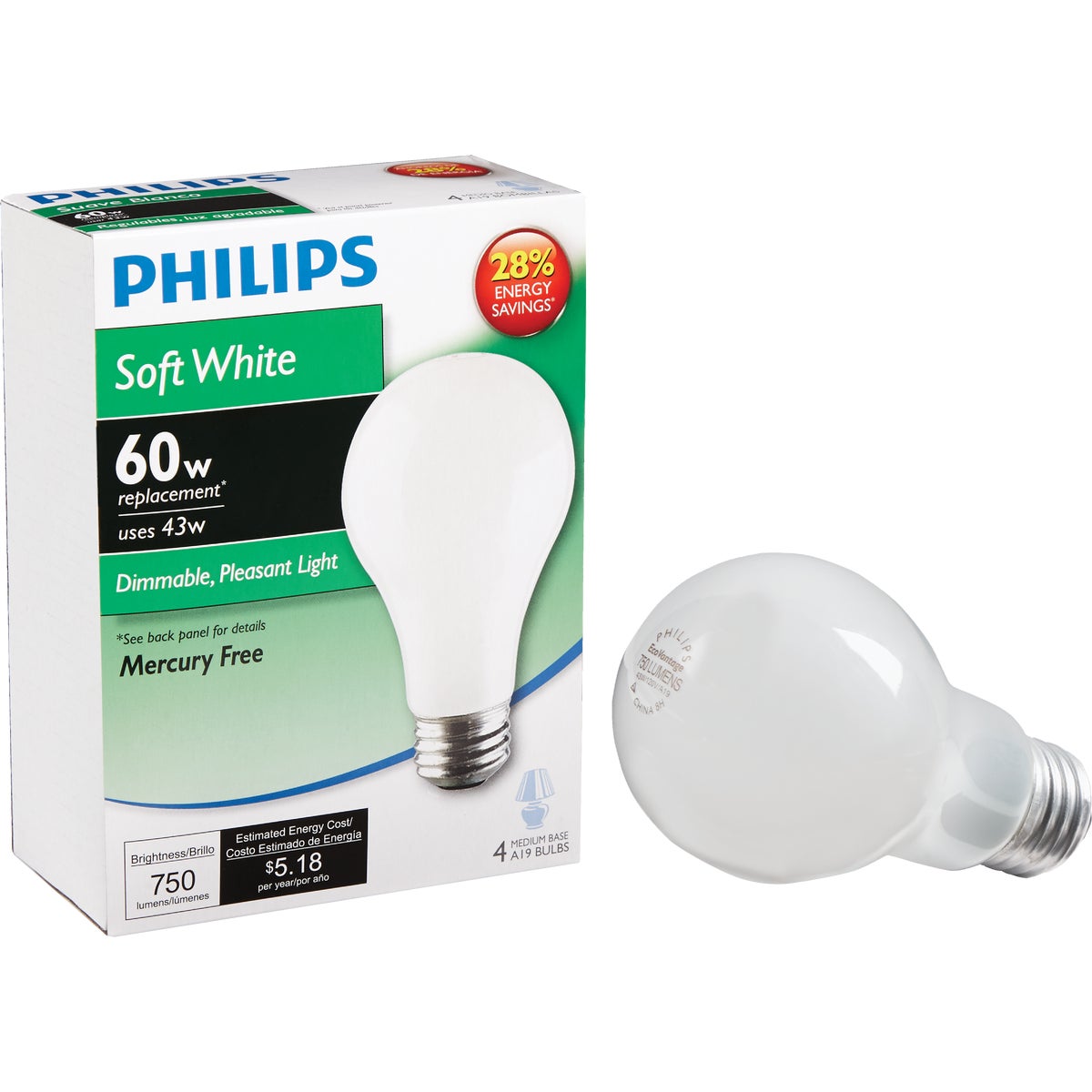 43W SW A19 HALOGEN BULB - 66247 43A/W/H-4PK by G E Lighting