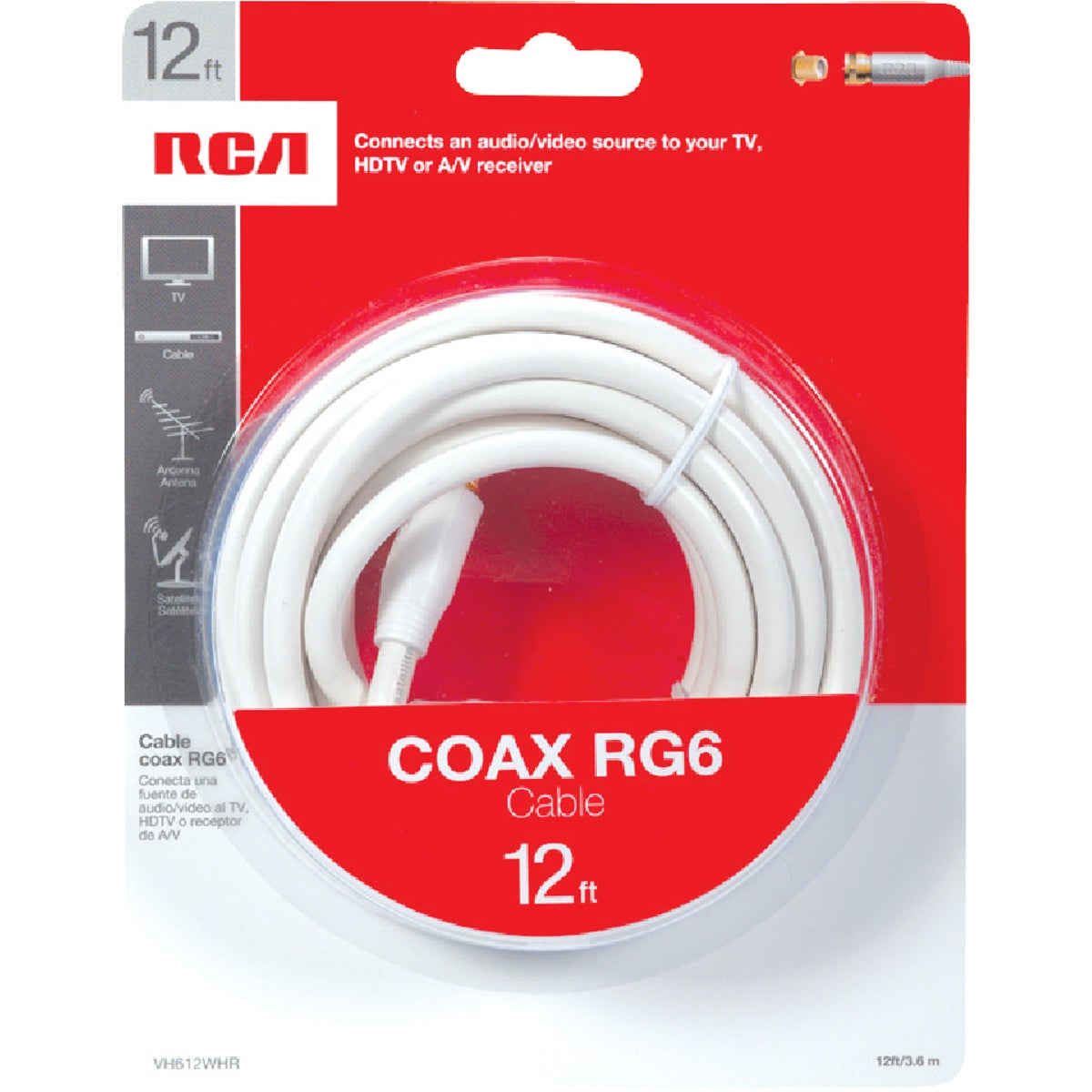 12' RG6 WHT COAX CABLE - VH612WHRV by Audiovox Accessories
