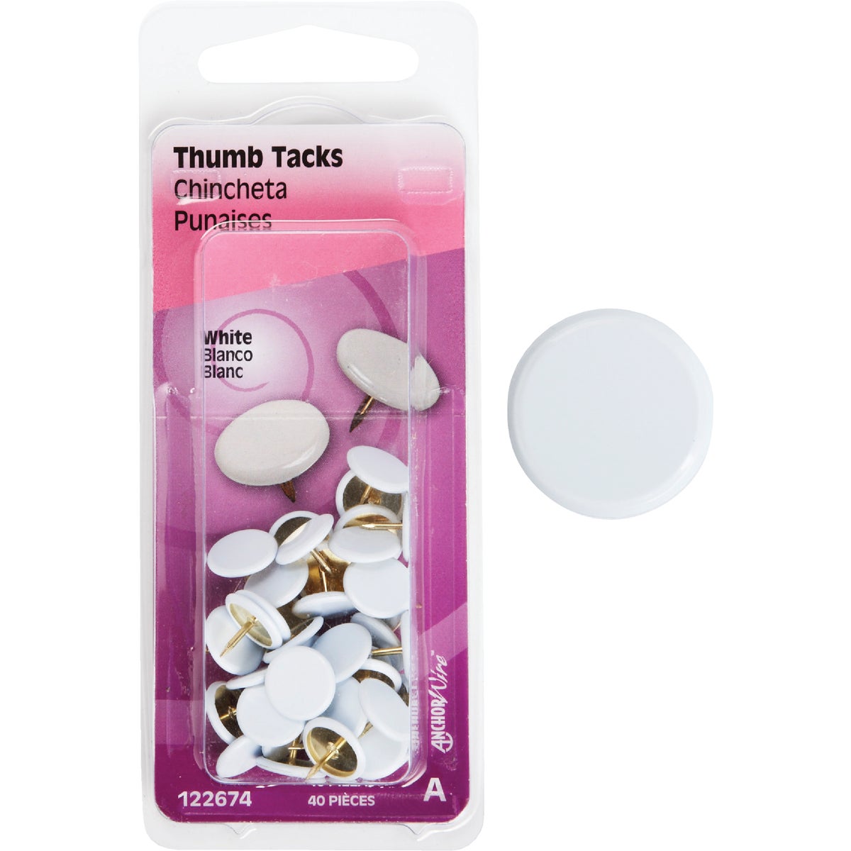 40PC WHITE THUMB TACK - 122674 by Hillman Fastener