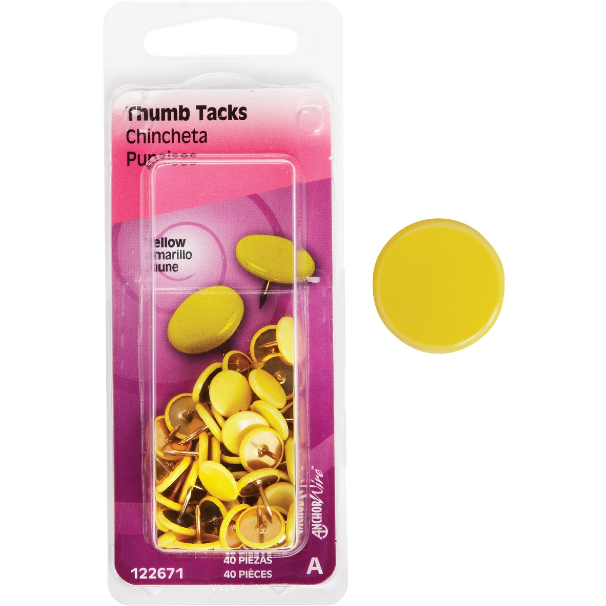 40PC YELLOW THUMB TACK - 122671 by Hillman Fastener
