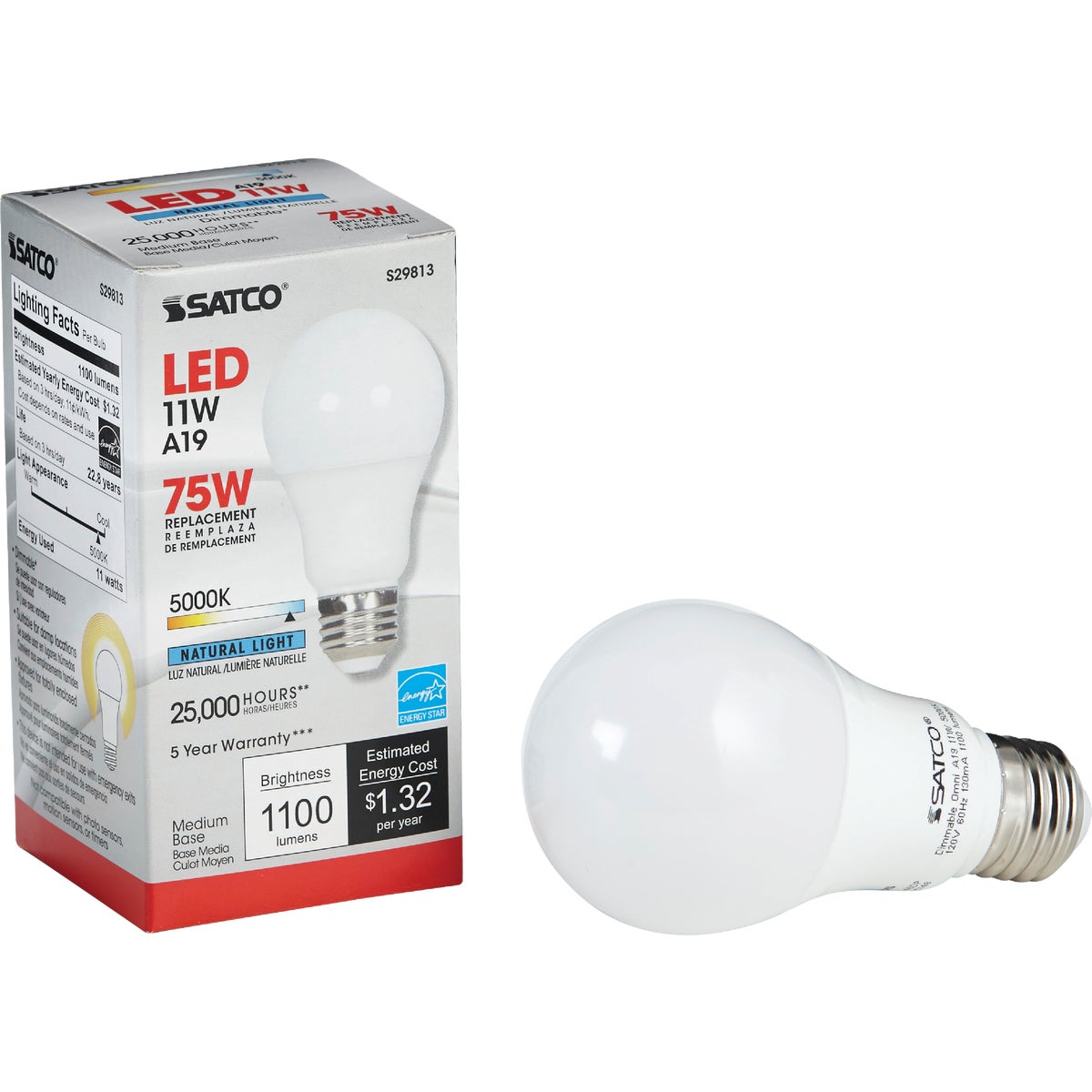 Satco 75W Equivalent Natural Light A19 Medium Dimmable LED Light Bulb