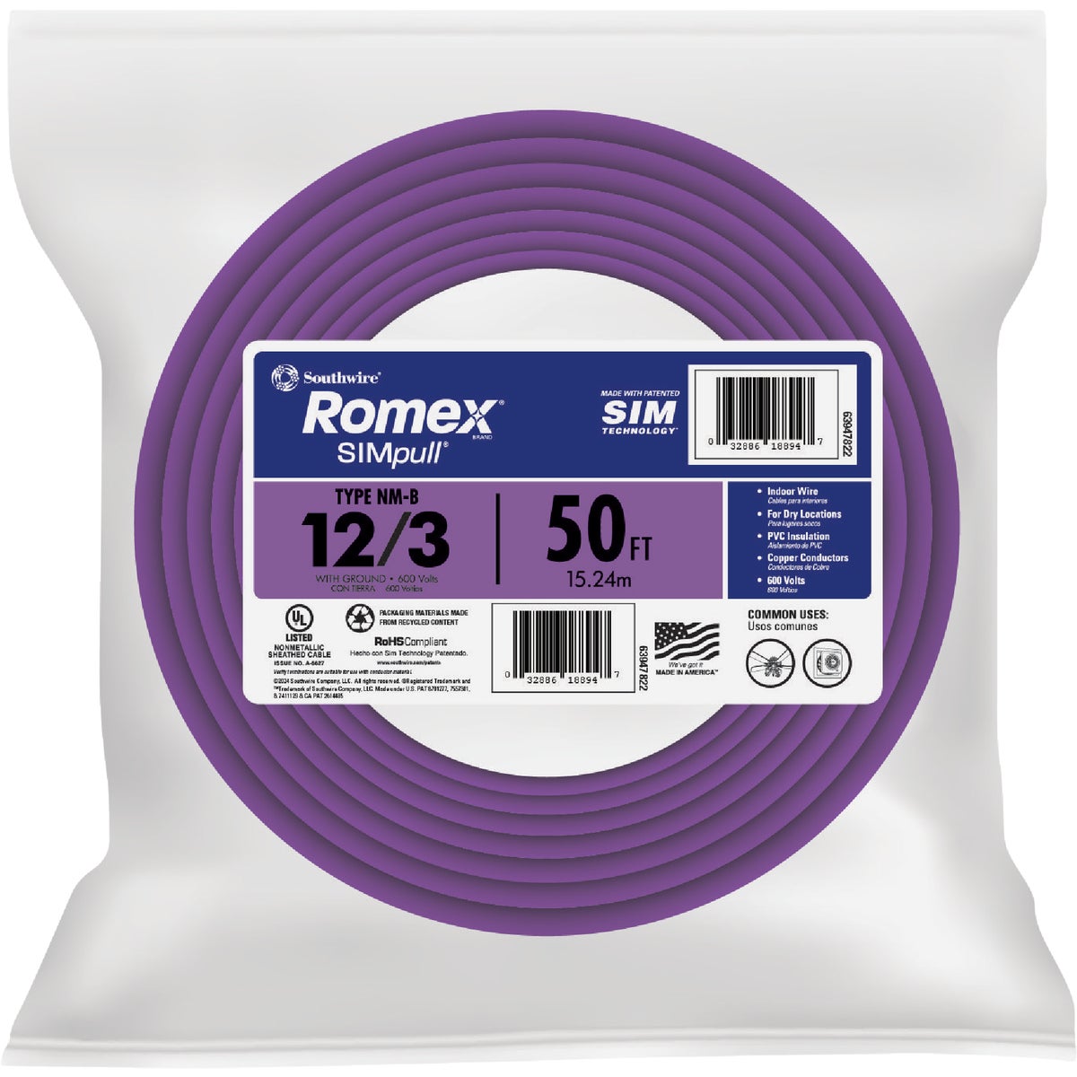 Romex 50 Ft. 12/3 Solid Purple NMW/G Electrical Wire
