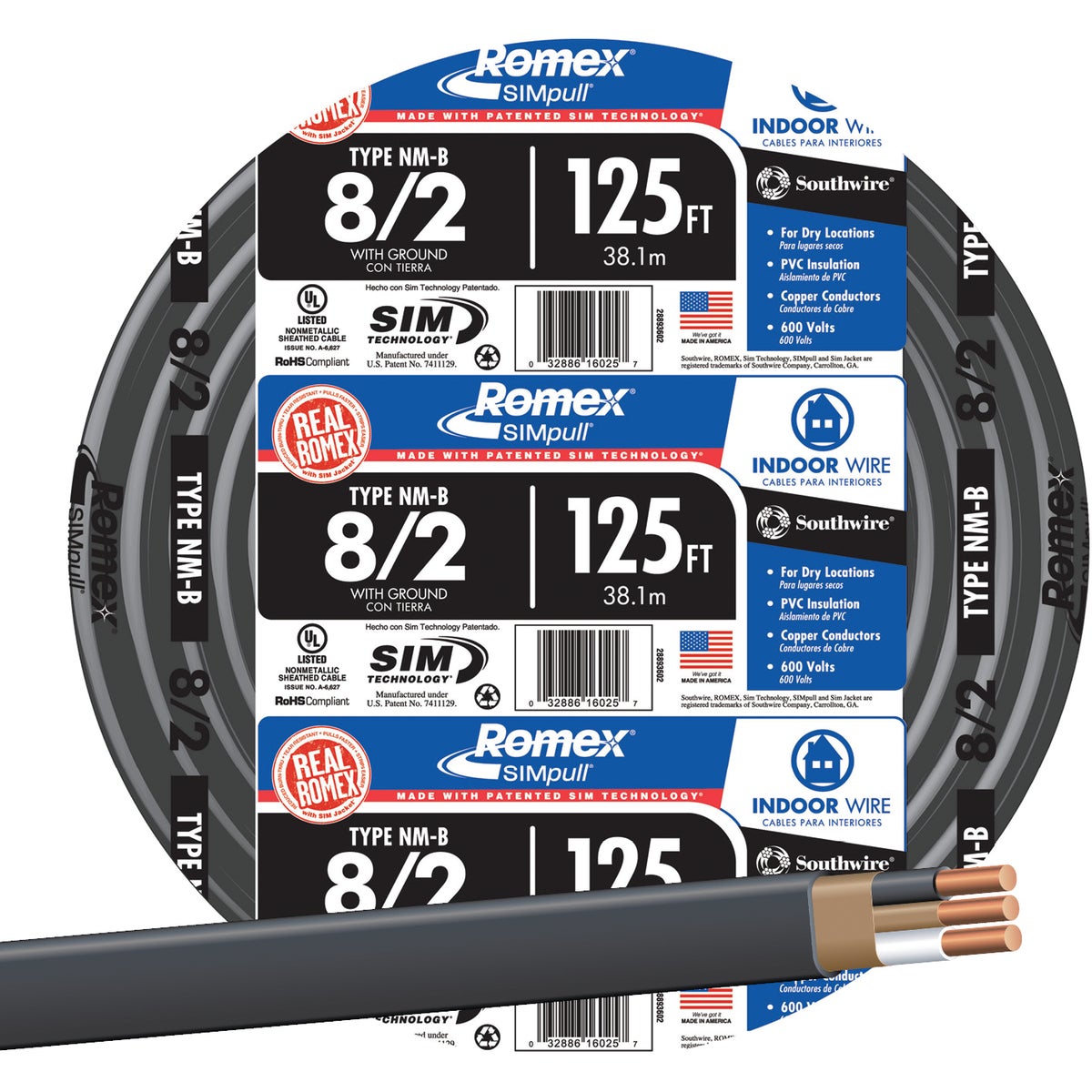 Romex 125 Ft. 8/2 Solid Black NMW/G Electrical Wire