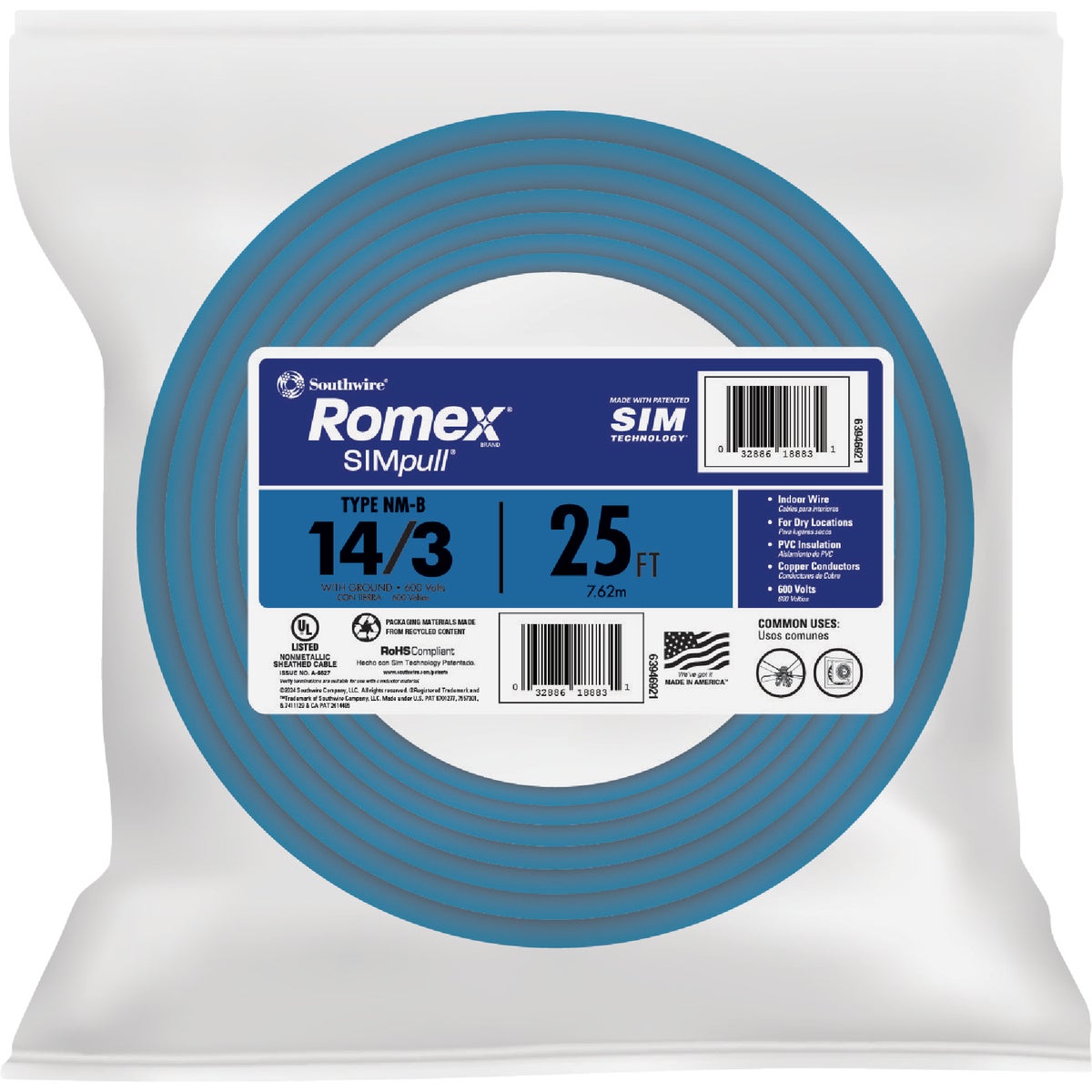 Romex 25 Ft. 14/3 Solid Blue NMW/G Electrical Wire