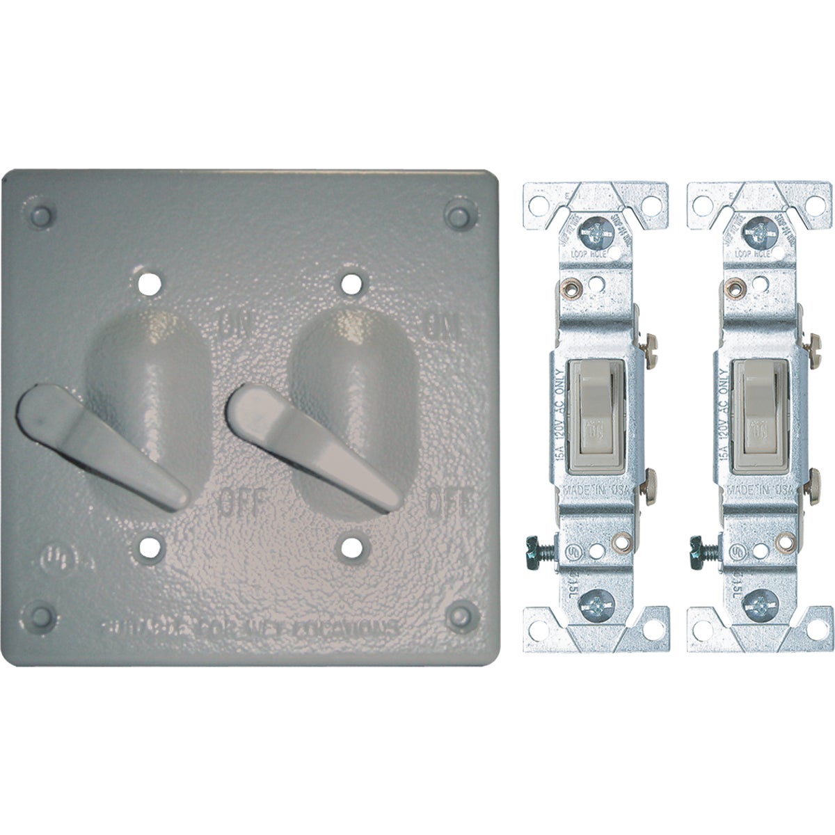 Southwire 2-Toggle Vertical Mount Gray Weatherproof Cover with (2) Single Pole 15A Switches