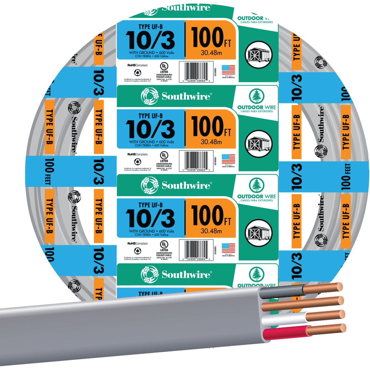 Southwire 100 Ft. 10 AWG 3-Conductor UFW/G Electrical Wire