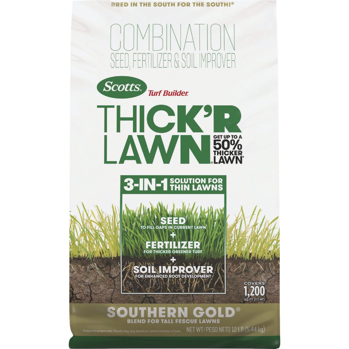 Scotts Turf Builder Thick'R Lawn Southern Gold 12 Lb. 1200 Sq. Ft. Grass Seed, Fertilizer, and Soil Improver Combination