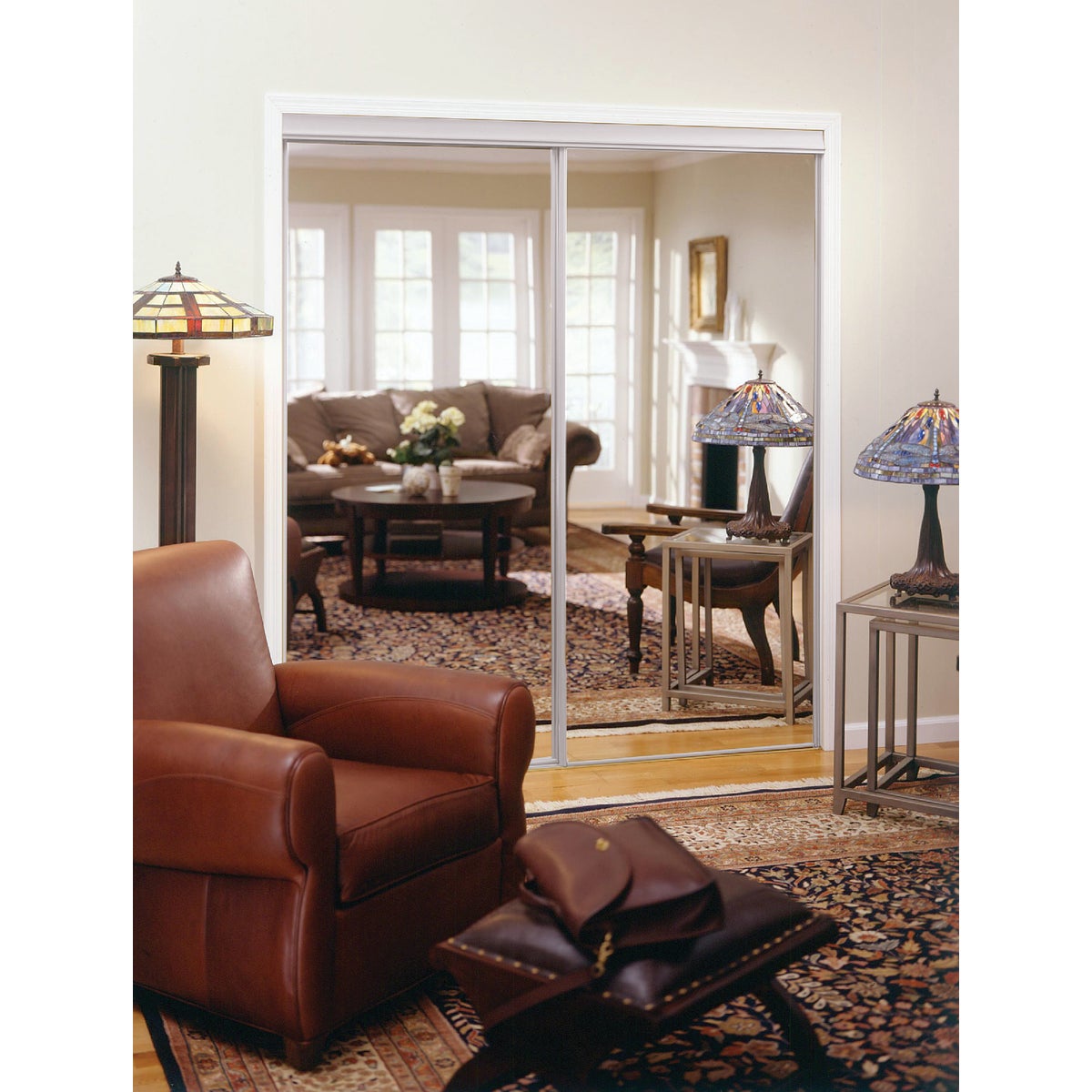Erias 4050 Series 59 In. W. x 80-1/2 In. H. Bright White Top Hung Mirrored Bypass Door