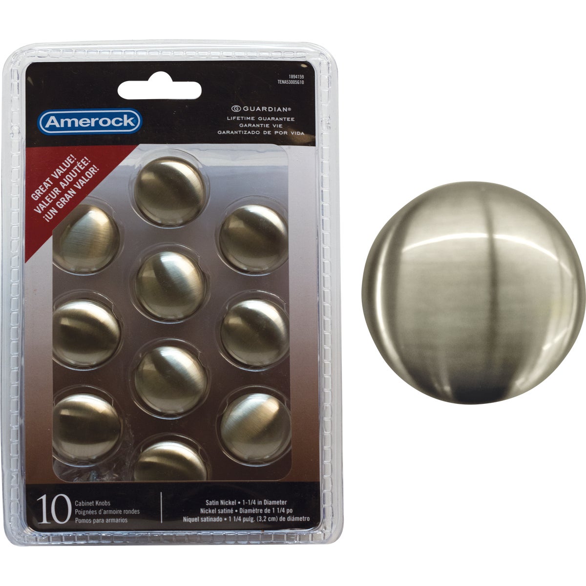 10PK 1.25" SN KNOB