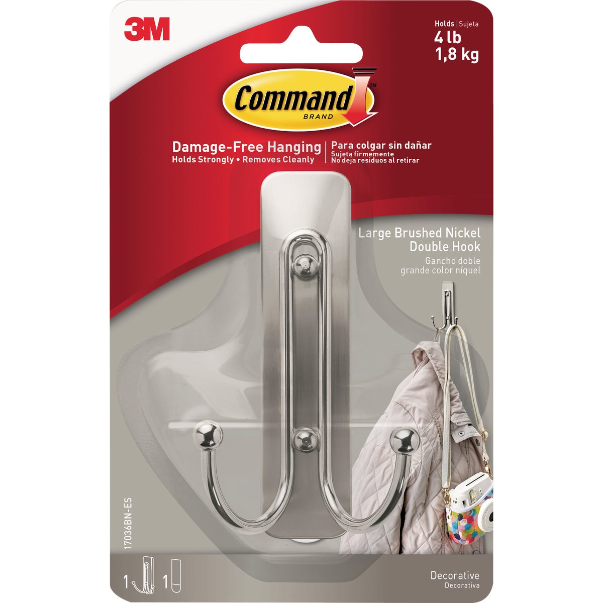 3M Command Large Brushed Nickel Double Hook 249811