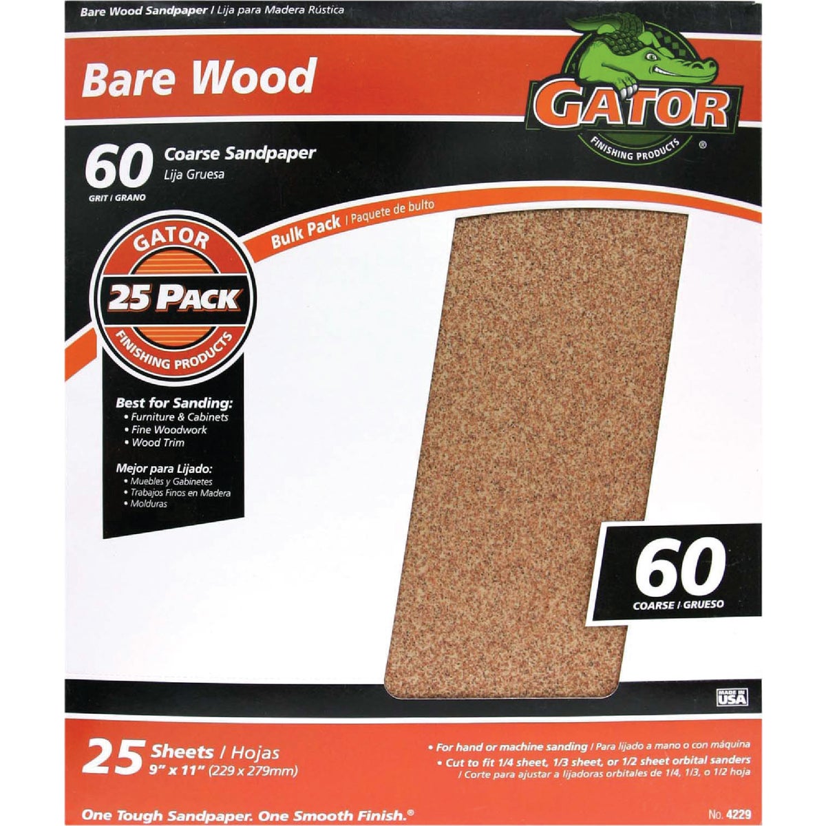 Gator Bare Wood 9 In. x 11 In. 60 Grit Coarse Sandpaper (25-Pack) 352721