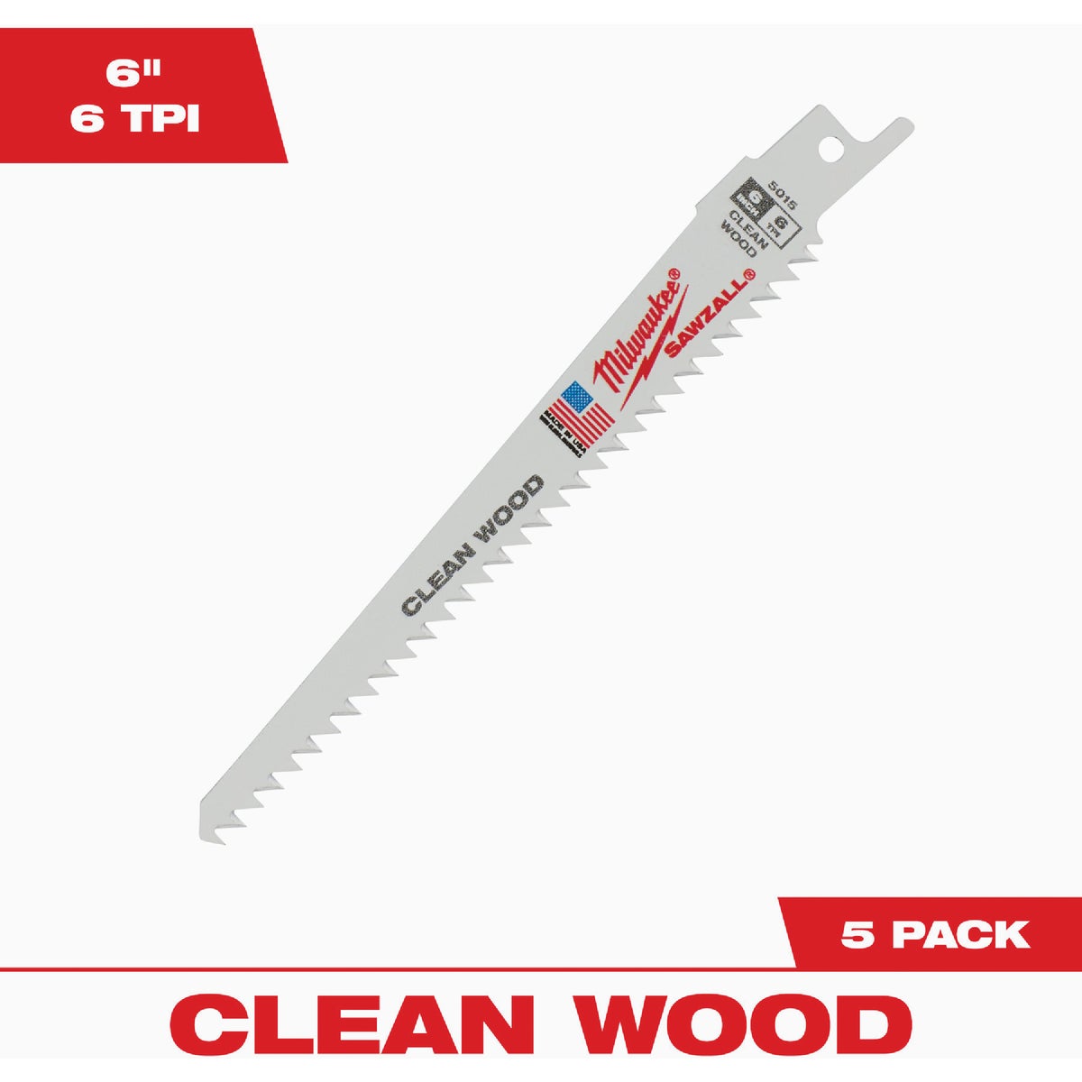Milwaukee SAWZALL 6 In. 6 TPI Wood Fleam Ground Reciprocating Saw Blade (5-Pack)