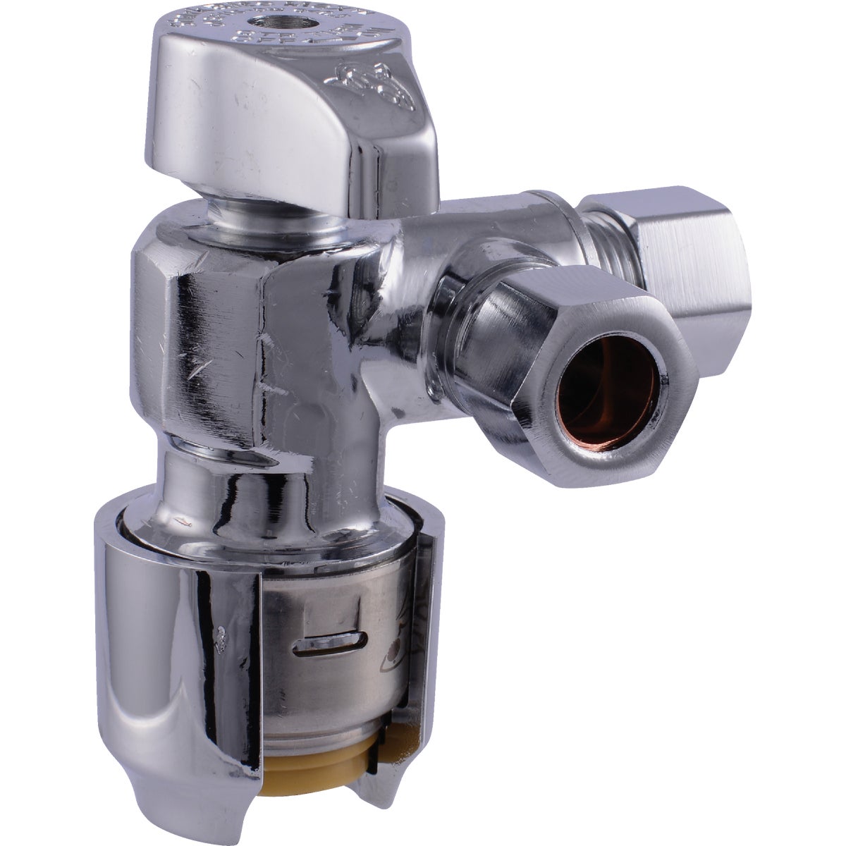 SharkBite 1/2 in. Push-to-Connect x 3/8 in. OD Compression x 3/8 in. OD Compression Chrome-Plated Brass Dual Stop Quarter Turn Angle Valve 484115