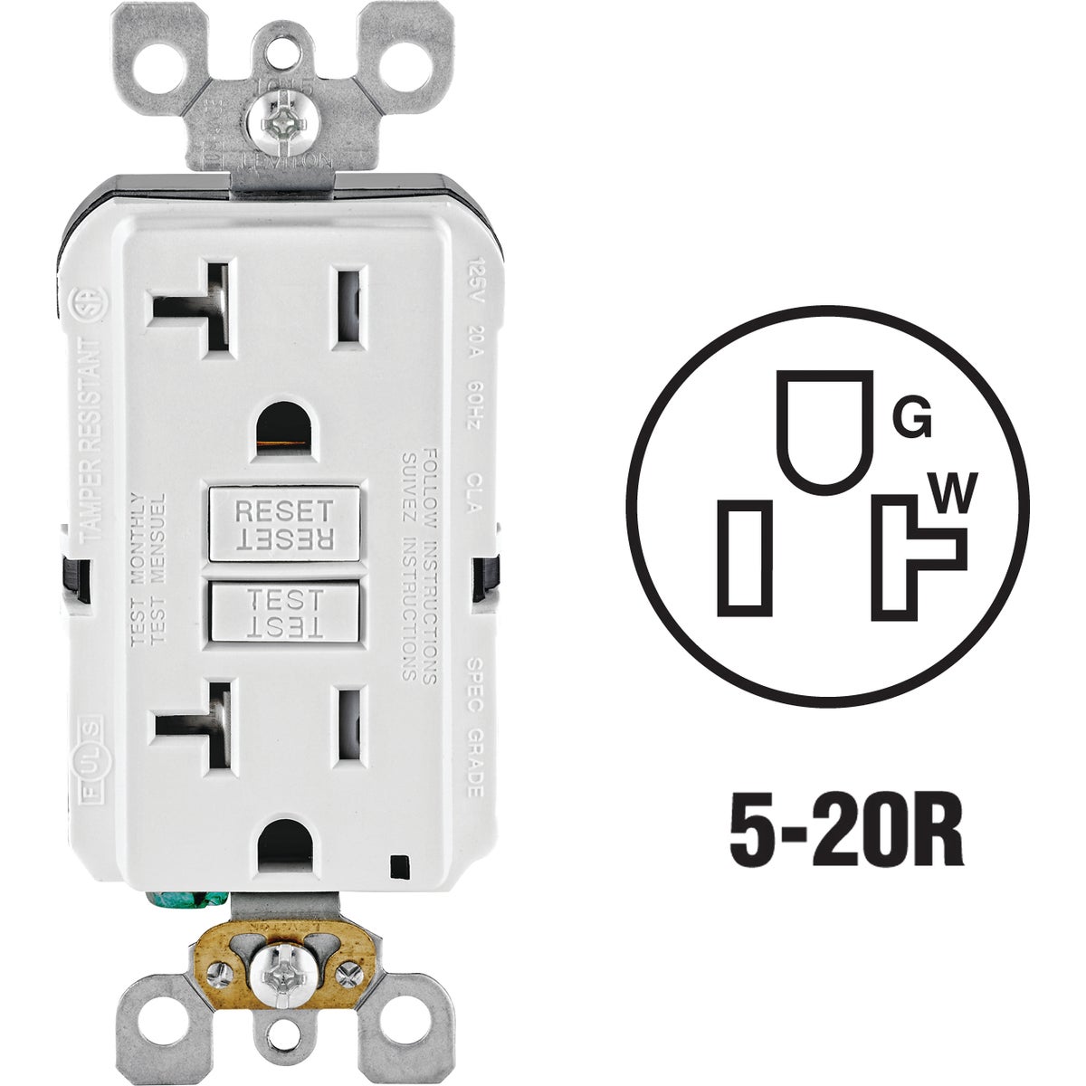 20A WHT TAMP GFCI OUTLET