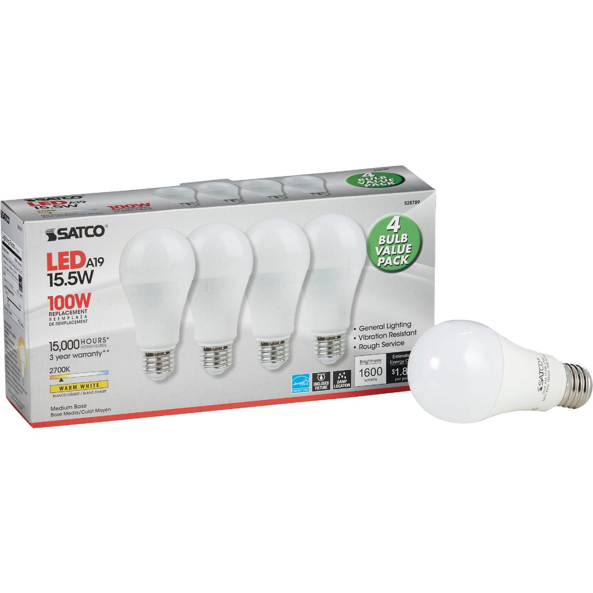 4PK 15.5W A19WW LED BULB