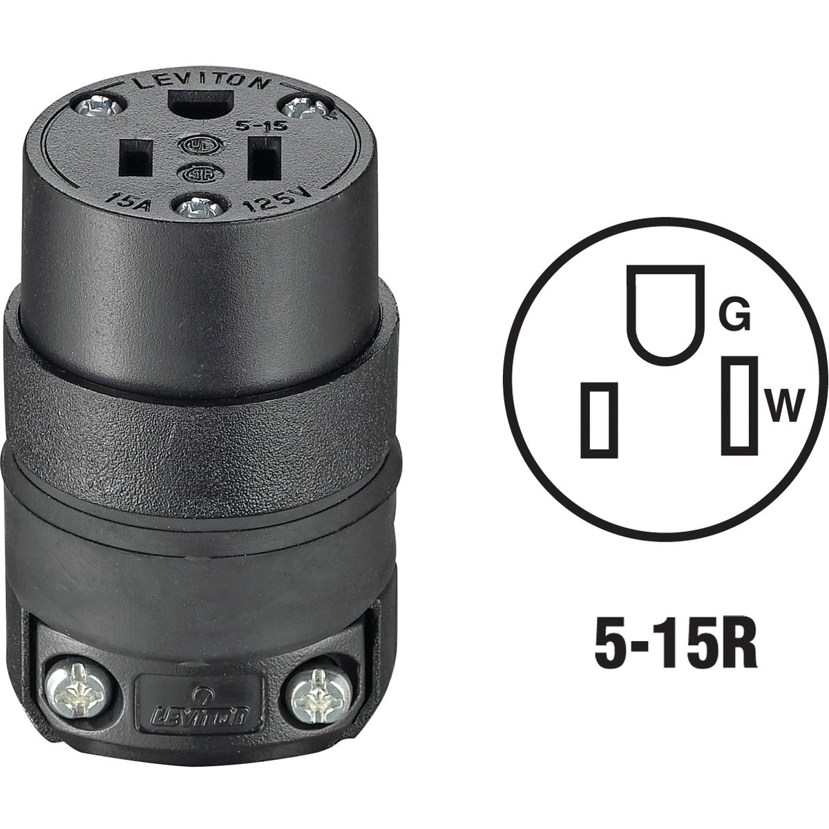 Leviton 15A 125V 3-Wire 2-Pole Rough Use Cord Connector 519264