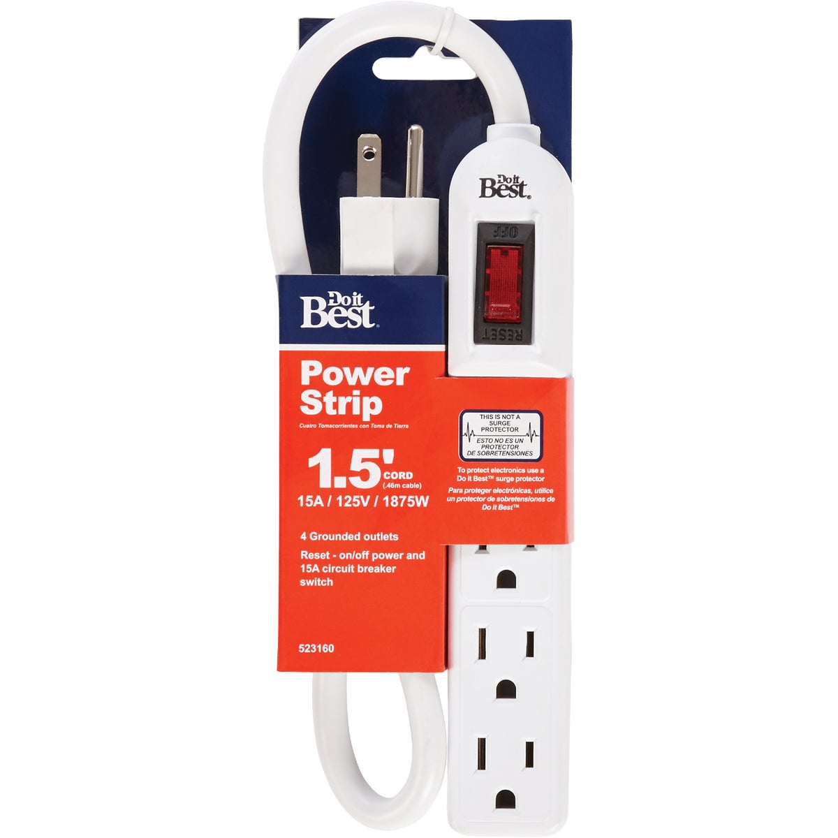 Do it Best 4-Outlet White Power Strip with 1-1/2 Ft. Cord