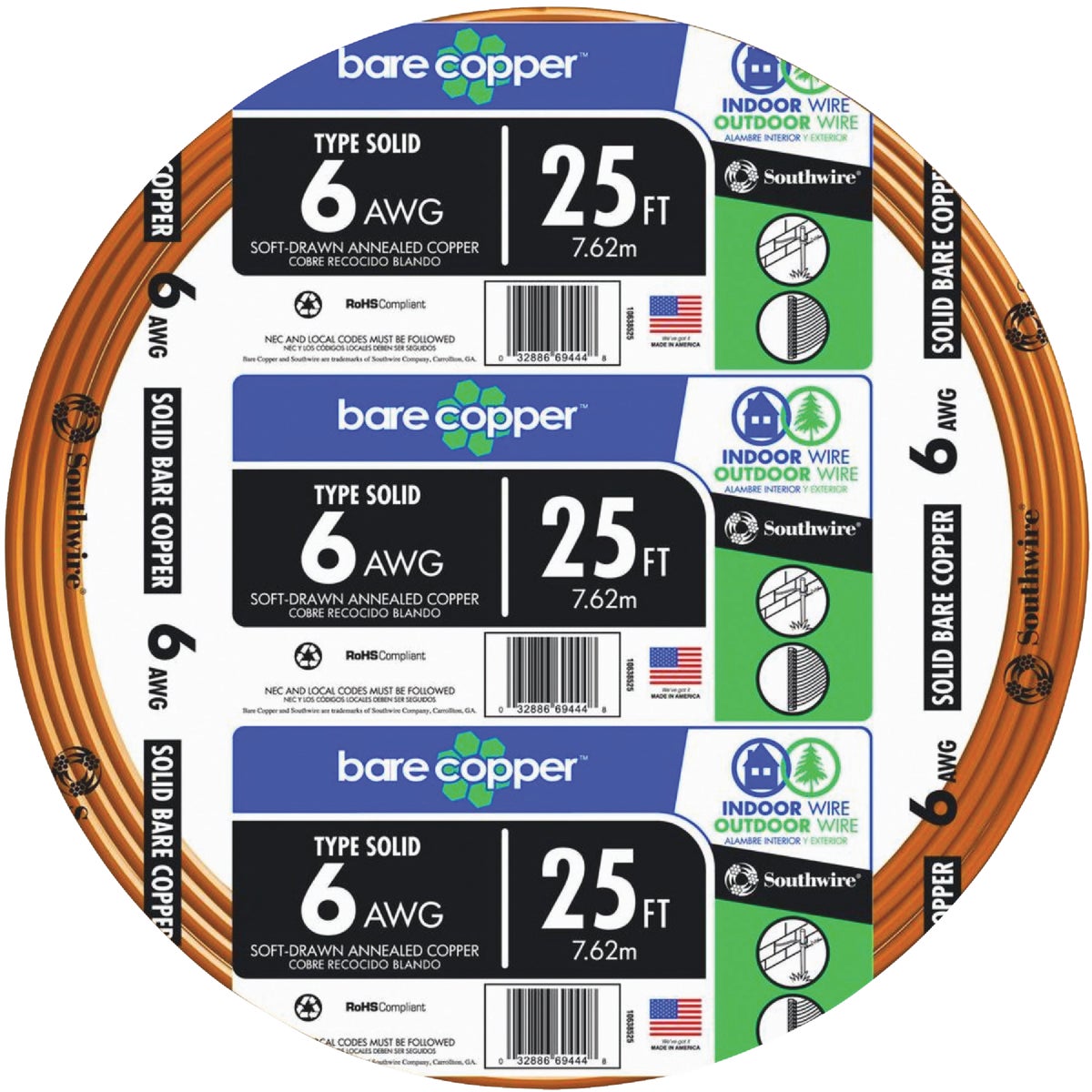 25 6GA SLD BARE CU WIRE