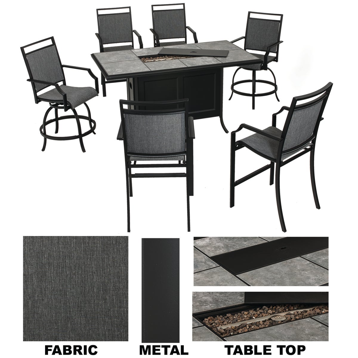Lindero 7-piece Outdoor Dining Set With Firepit Table And Cushions