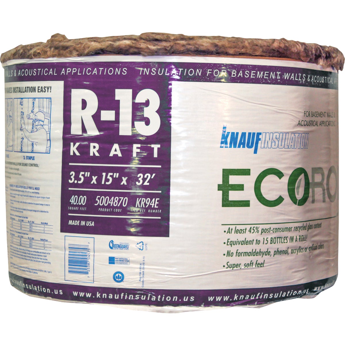 Knauf R-13 15 In. x 32 Ft. Greenguard Kraft Faced Roll Fiberglass Insulation