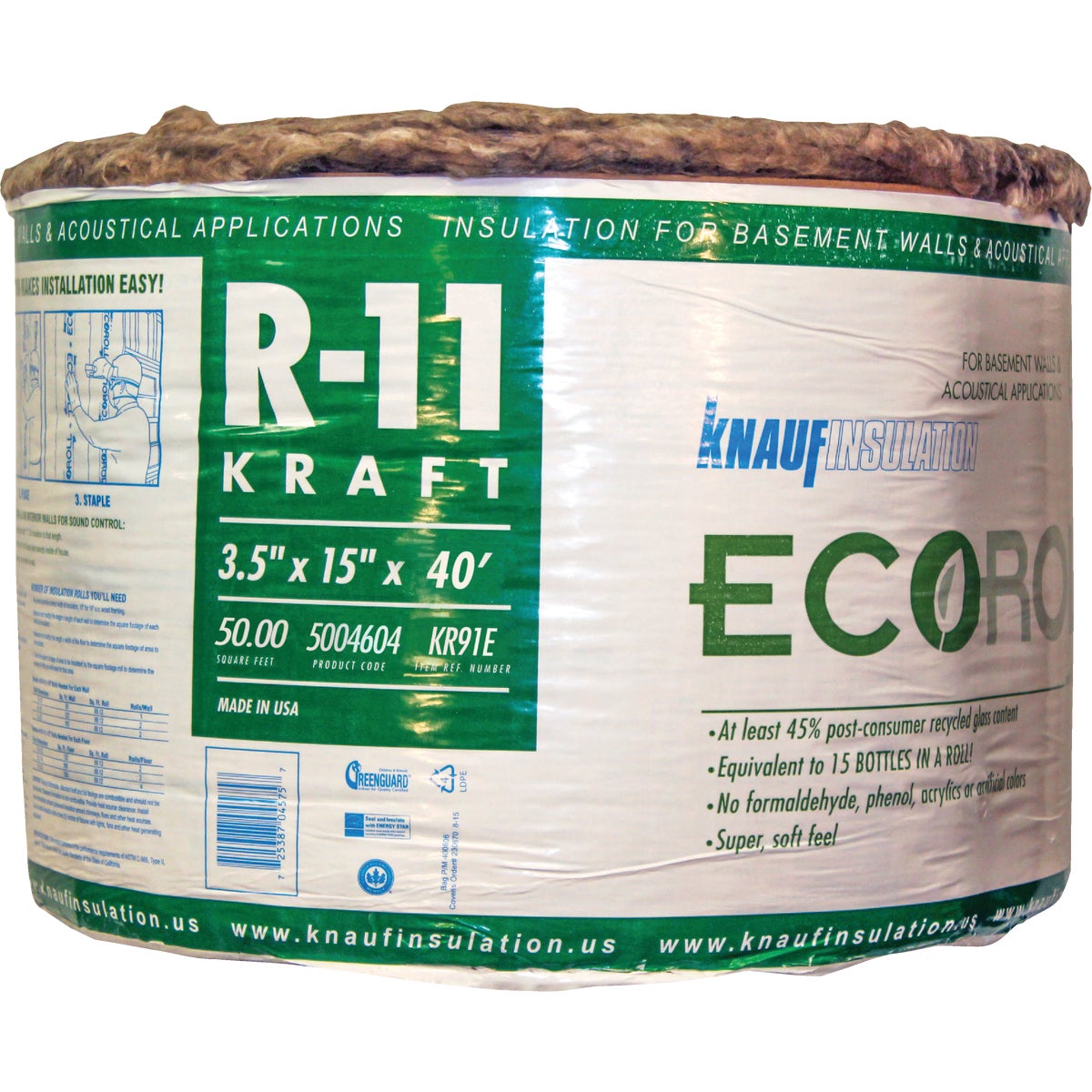 Knauf R-11 15 In. x 40 Ft. Greenguard Kraft Faced Roll Fiberglass Insulation