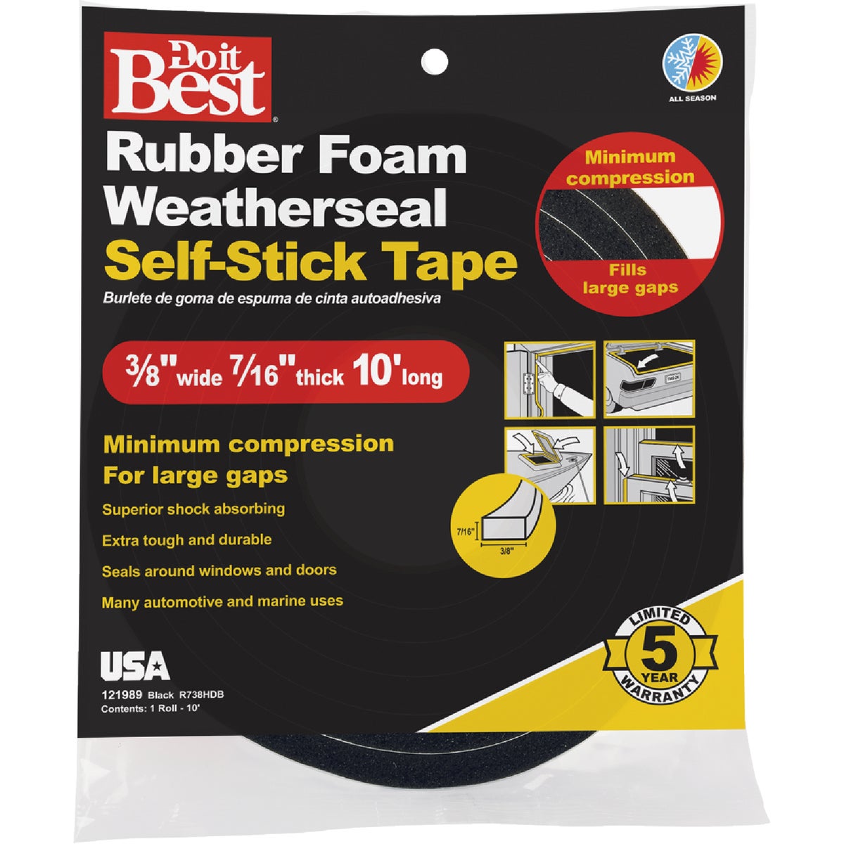 Do it Best 10 Ft. Self-Stick Foam Rubber Weatherstrip Tape