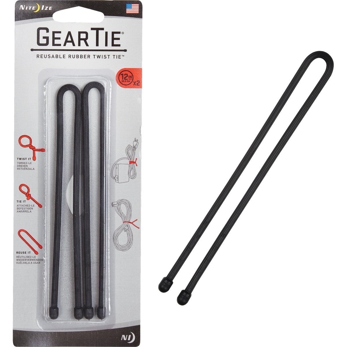 Gear Tie 12 In. Reusable Rubber Twist Tie - Black (2-Pack)