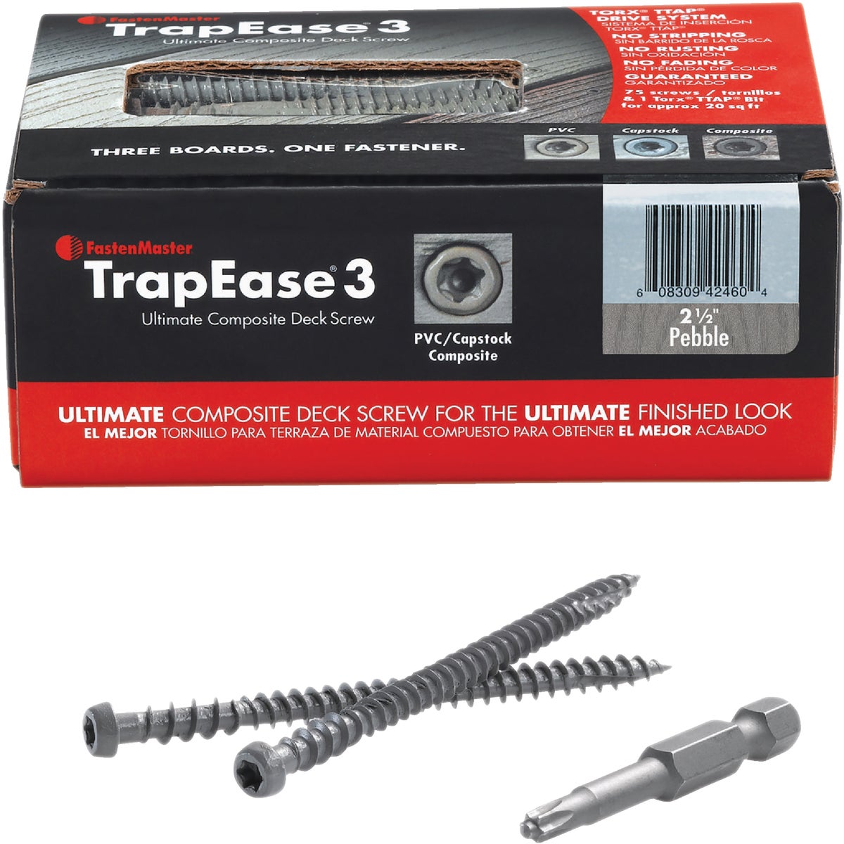 FastenMaster TrapEase 3, #10 x 2-1/2 In. Gray Ultimate Composite Deck Screw (75 Ct. Box)