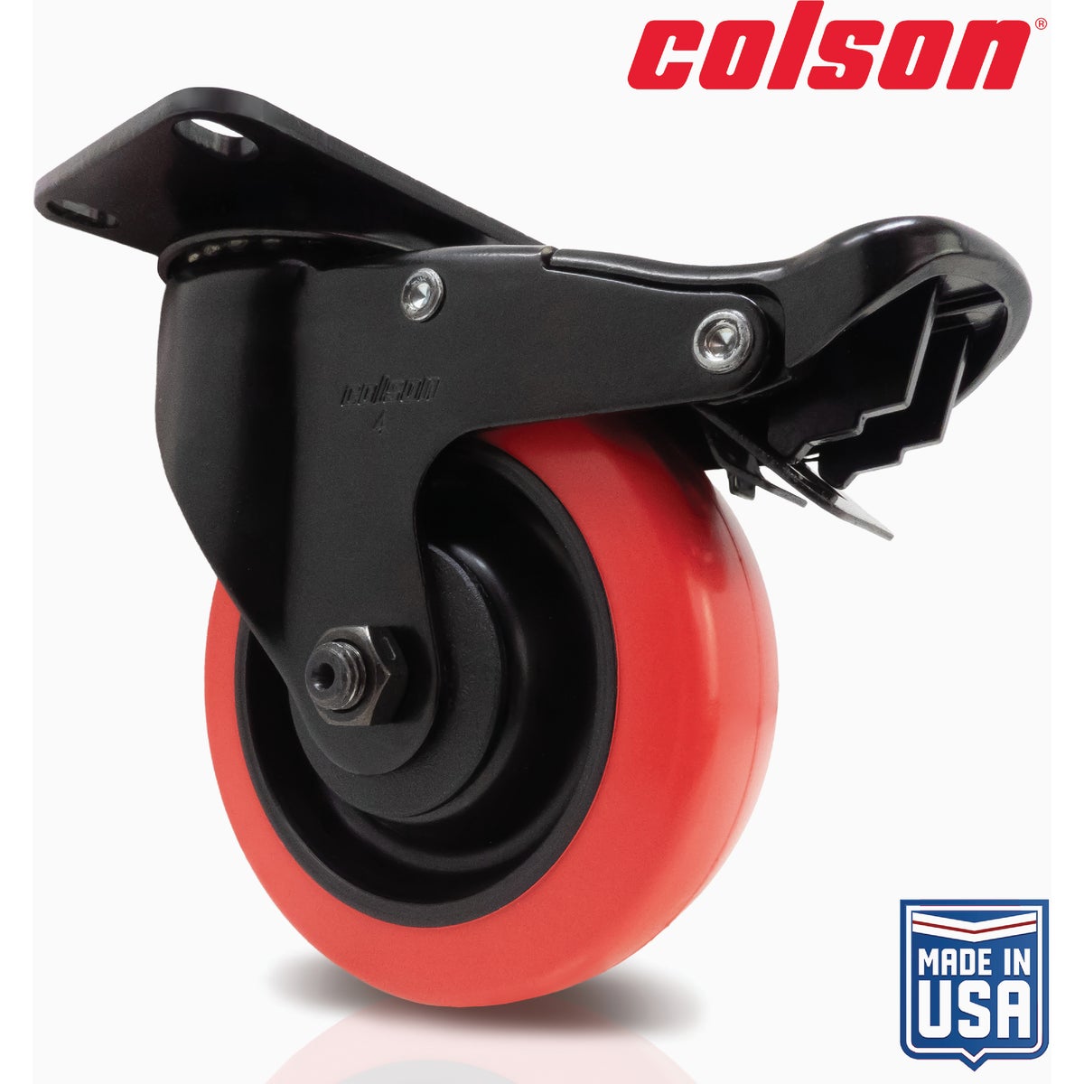 Colson 4 In. Red Polyurethane & Black Swivel Plate Caster with Locking Brake