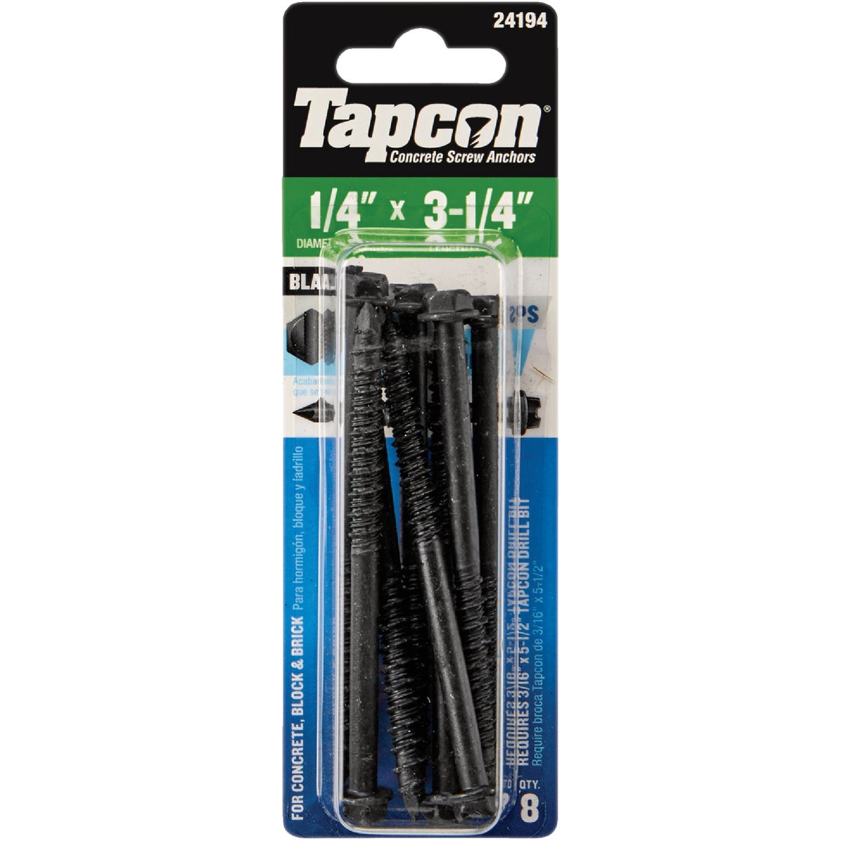 Tapcon 1/4 In. x 3-1/4 In. Hex Washer Head Black Concrete Screw Anchors (8 Ct.)