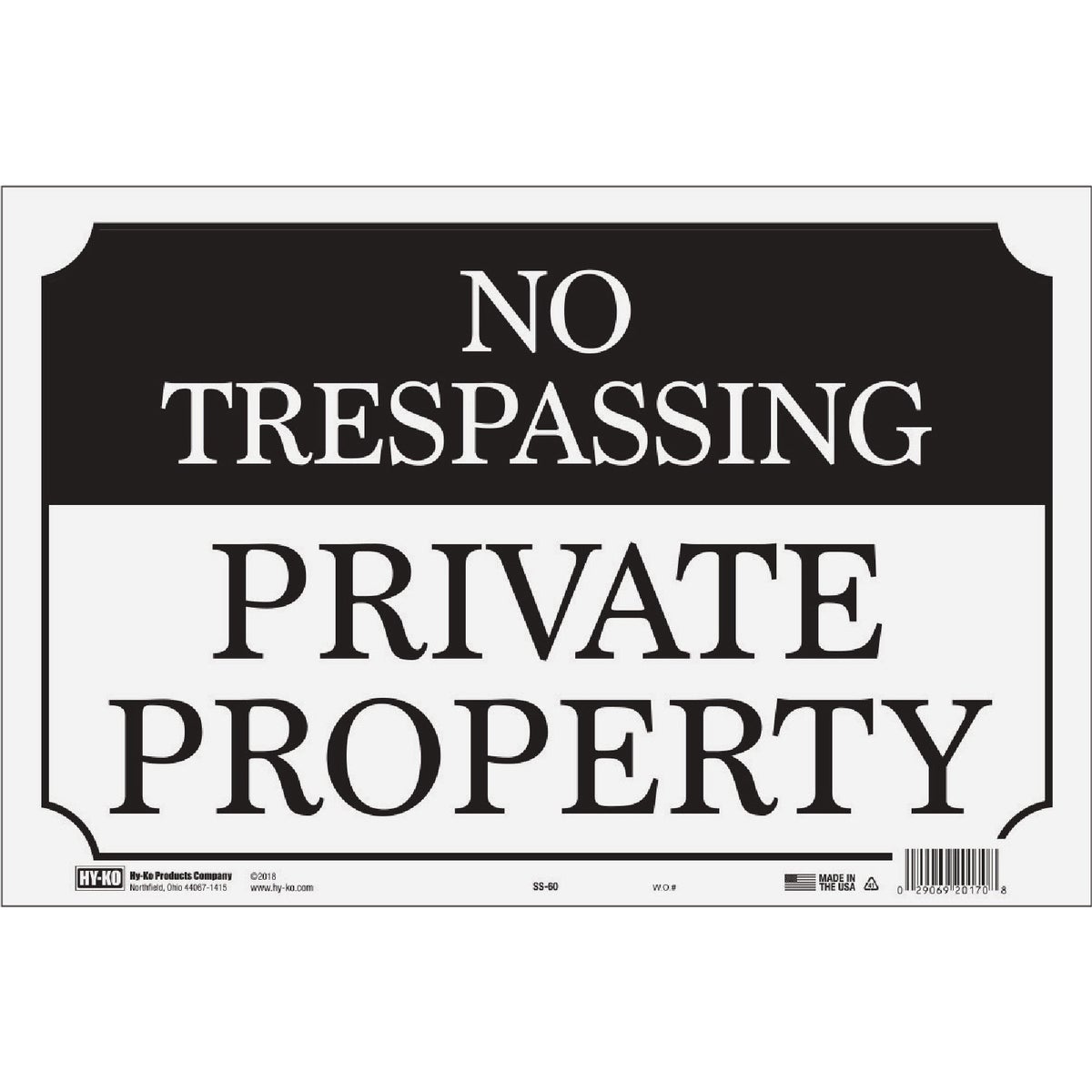 Hy-Ko 9 x 14 Black/White Aluminum Sign, No Trespassing/Private Property
