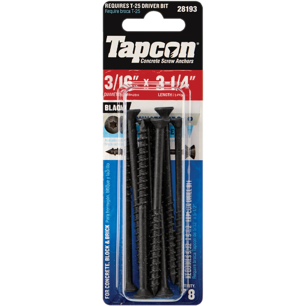 Tapcon 3/16 In. x 3-1/4 In. Star Drive Flat Head Black Concrete Screw Anchors (8 Ct.)