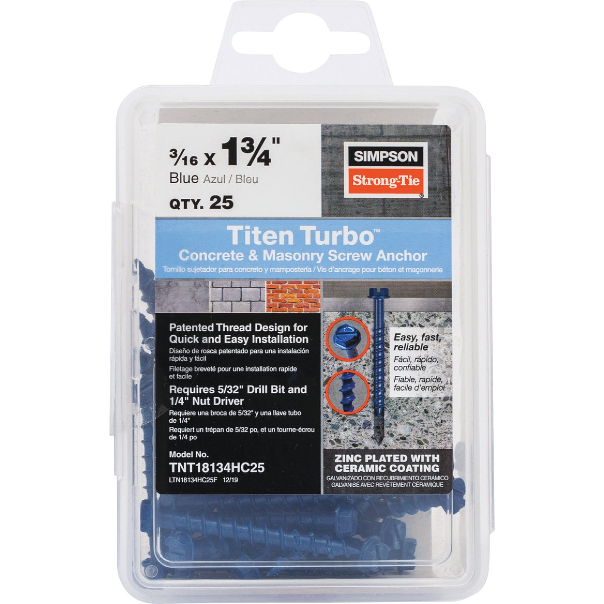 Simpson Strong-Tie Titen Turbo 3/16 in. x 1-3/4 in. Hex-Head Concrete and Masonry Screw, Blue (25-Qty)