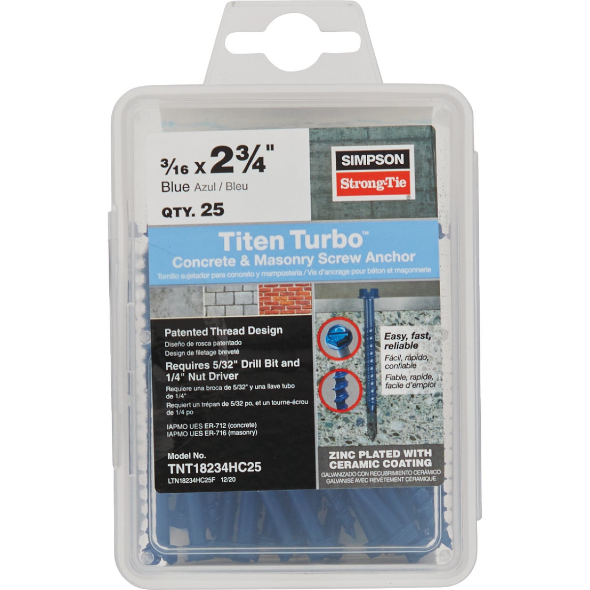 Simpson Strong-Tie Titen Turbo 3/16 in. x 2-3/4 in. Hex-Head Concrete and Masonry Screw, Blue (25-Qty)