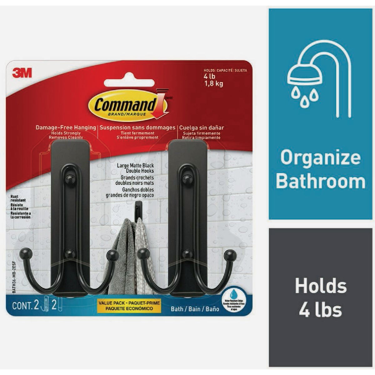 Command Large Double Bath Hook, Matte Black, 2 Hooks, 2 Strips