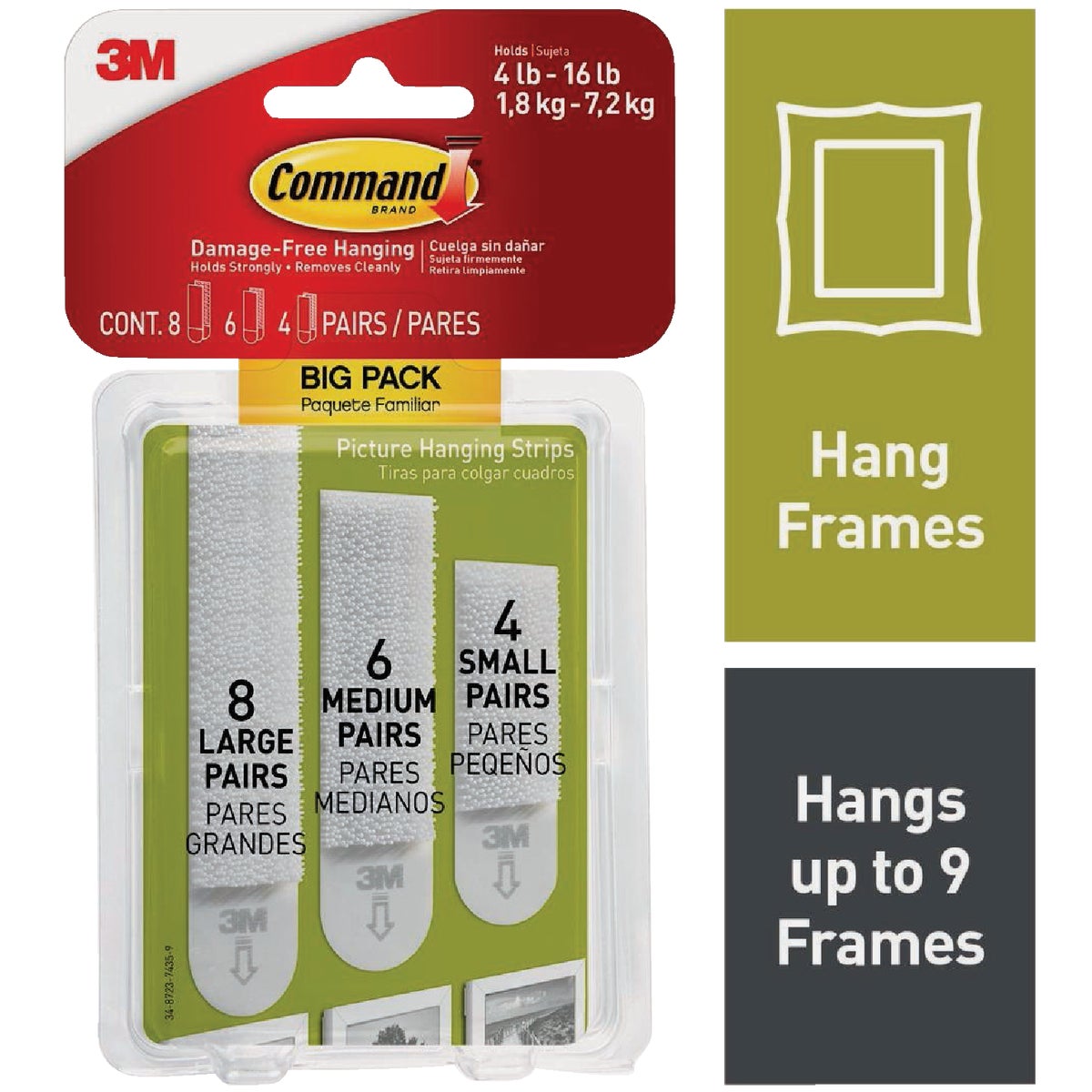 Command Assorted Picture Hanging Strips, Big Pack, 8 Sets Large, 6 Sets Medium, 4 Sets Small