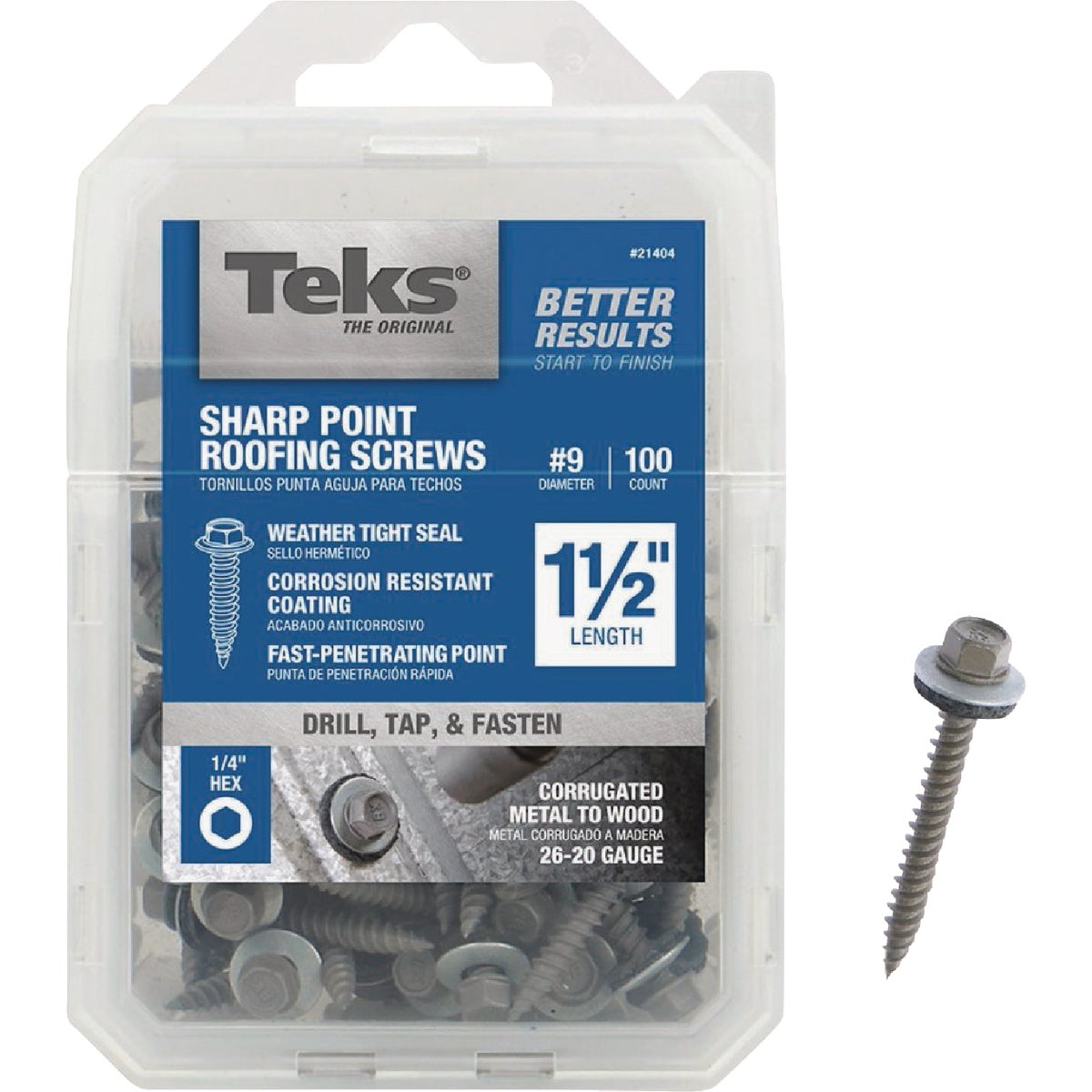 Teks #9 x 1-1/2 In. Hex Washer Head Sharp Point Metal to Wood Roofing Screw (100 Ct.)