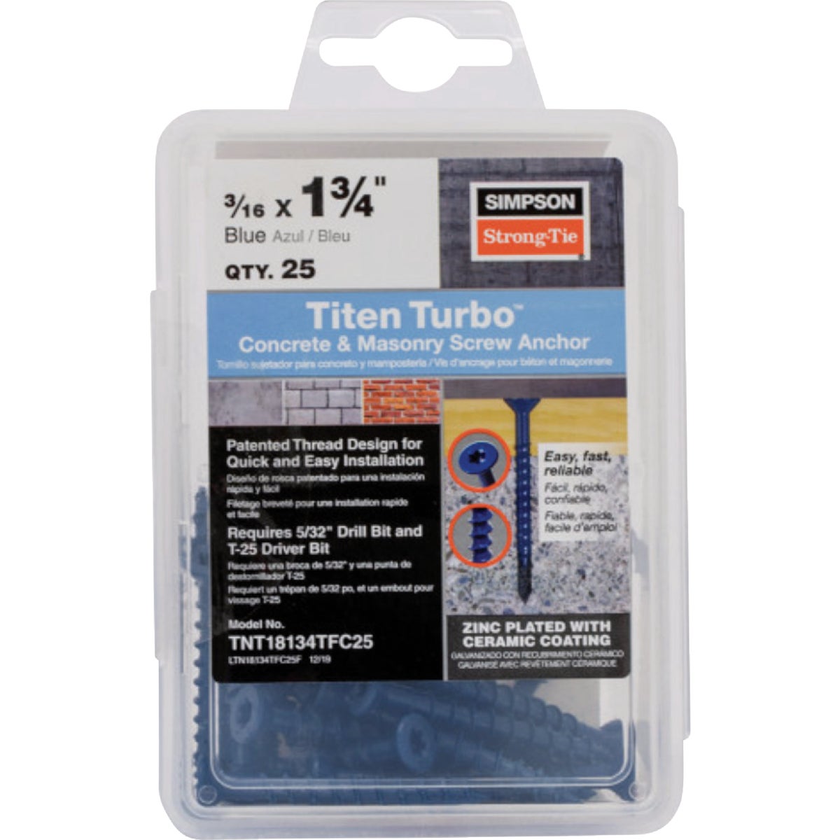 Simpson Strong-Tie Titen Turbo  3/16 in. x 1-3/4 in. 6-Lobe Flat-Head Concrete and Masonry Screw, Blue (25-Qty)