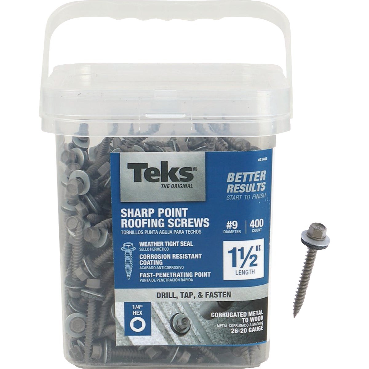 Teks #9 x 1-1/2 In. Hex Washer Head Sharp Point Metal to Wood Roofing Screw (400 Ct.)