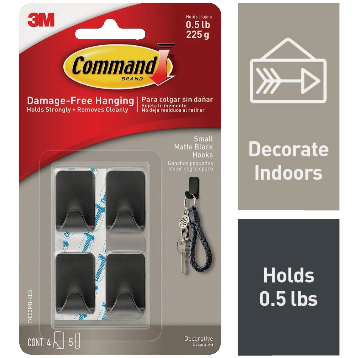 Command Small Matte Black Decorative Hook, 4 Hooks, 5 Strips