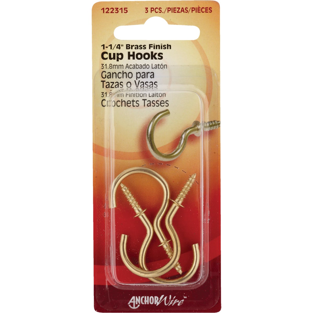 Hillman Anchor Wire 1-1/4 In. Brass Large Cup Hook (3 Count)