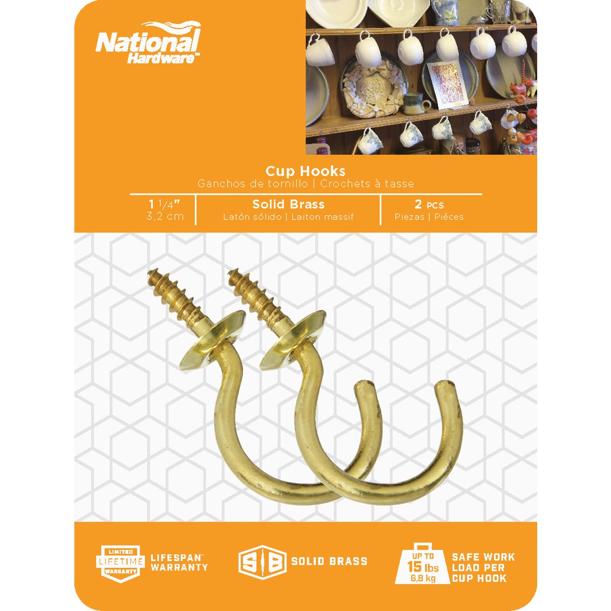 National V2021 1-1/4 In. Solid Brass Series Cup Hook (2 Count)