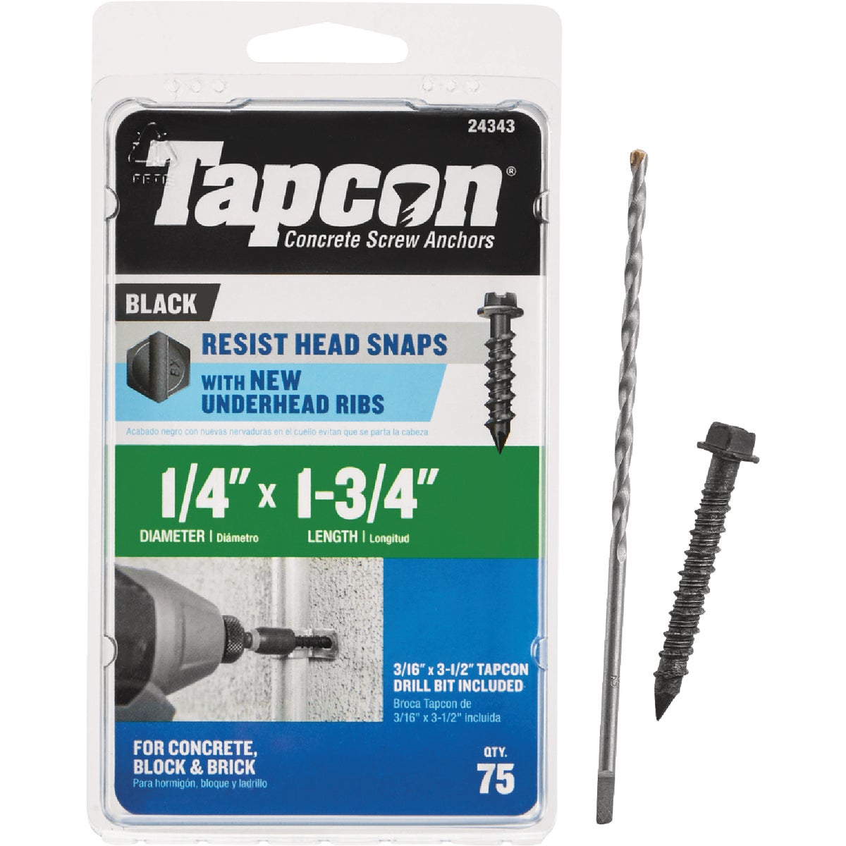 Tapcon 1/4 In. x 1-3/4 In. Hex Washer Head Black Concrete Screw Anchor (75 Ct.)
